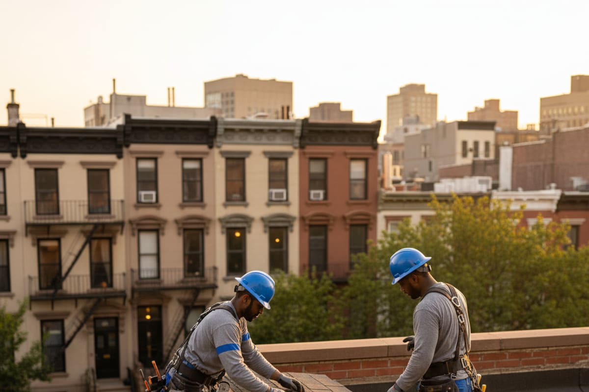 A TipTop Roofing Williamsburg team member on a ladder, expertly working on a roof in a Brooklyn neighborhood