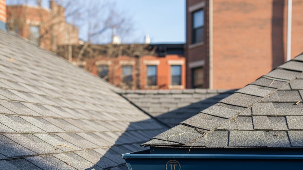 A close-up of a well-maintained residential roof with gutters, symbolizing thorough home exterior care.