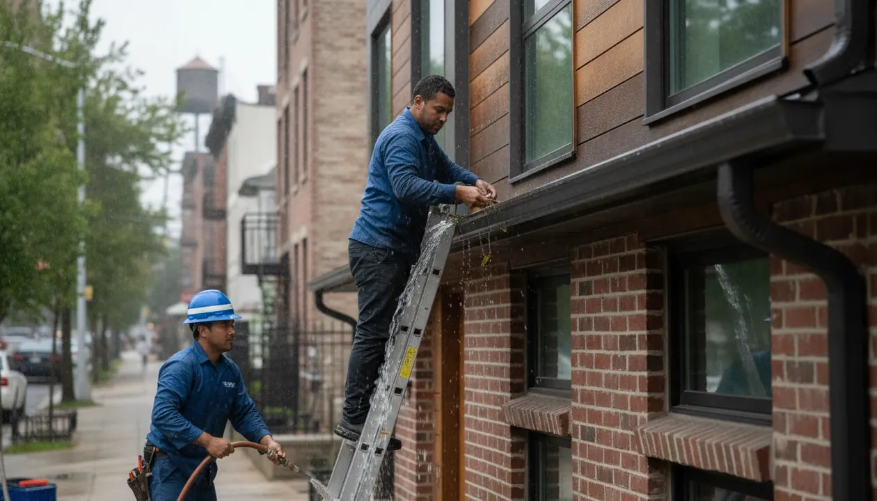 Well-maintained gutters channeling rainwater away from a modern Williamsburg home's foundation.
