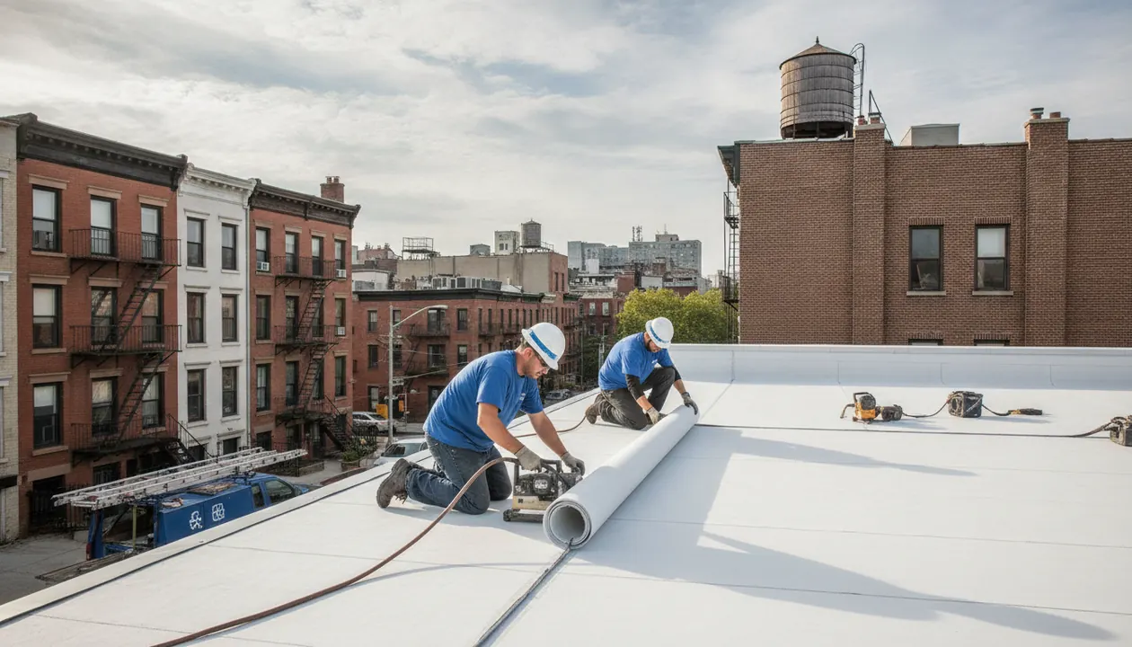 Modern TPO flat roof system installation on a commercial building, with durable white membrane