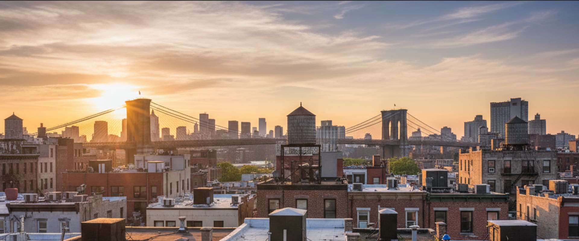 Panoramic view of a modern Brooklyn cityscape at sunset, featuring various rooftops, symbolizing urban roofing...