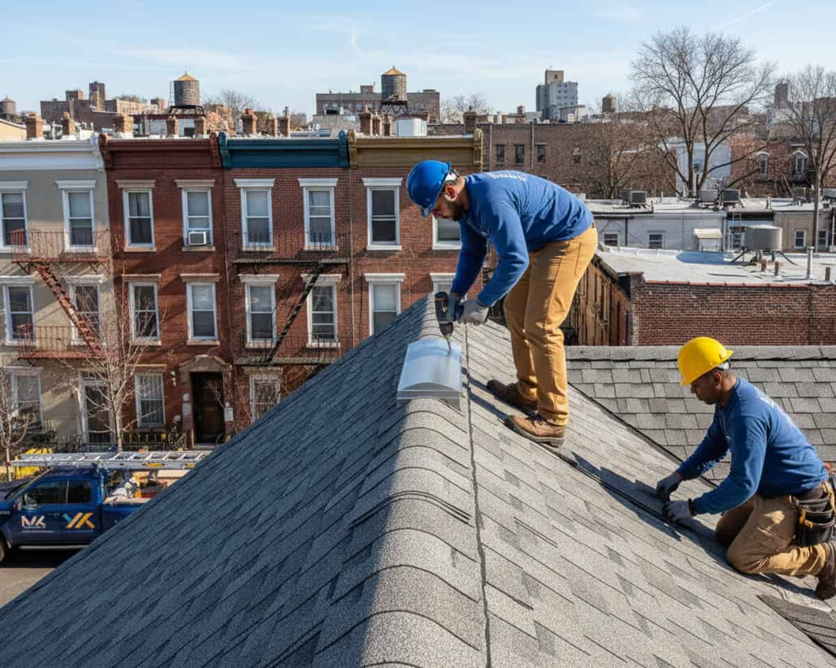 Skilled technician carefully installing a new ridge vent on a residential roof in East Williamsburg.