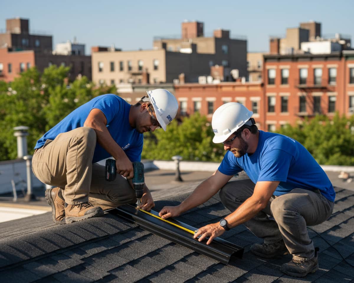 Close-up of a newly installed ridge vent on a residential roof in Greenpoint, Brooklyn.
