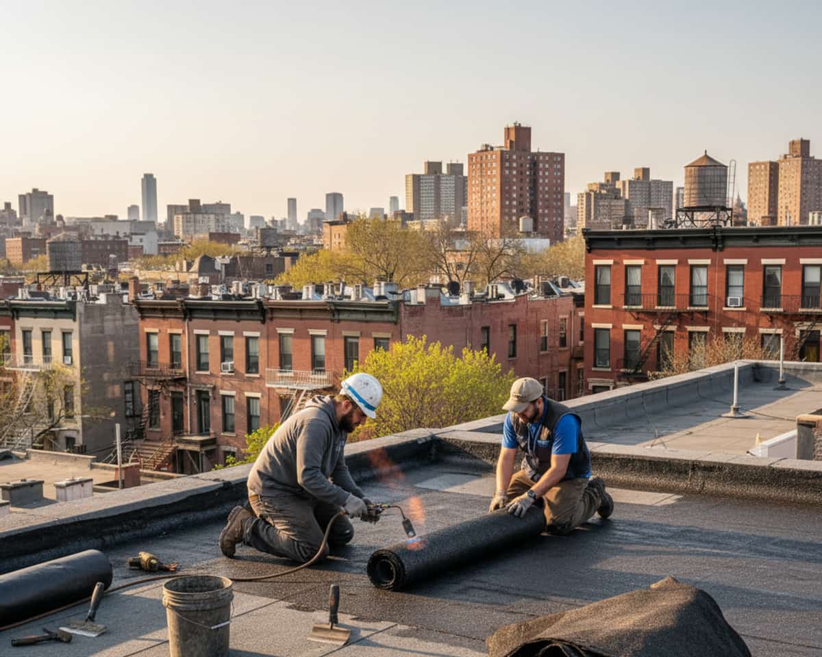 Skilled roofers working on a flat roof in a Brooklyn neighborhood