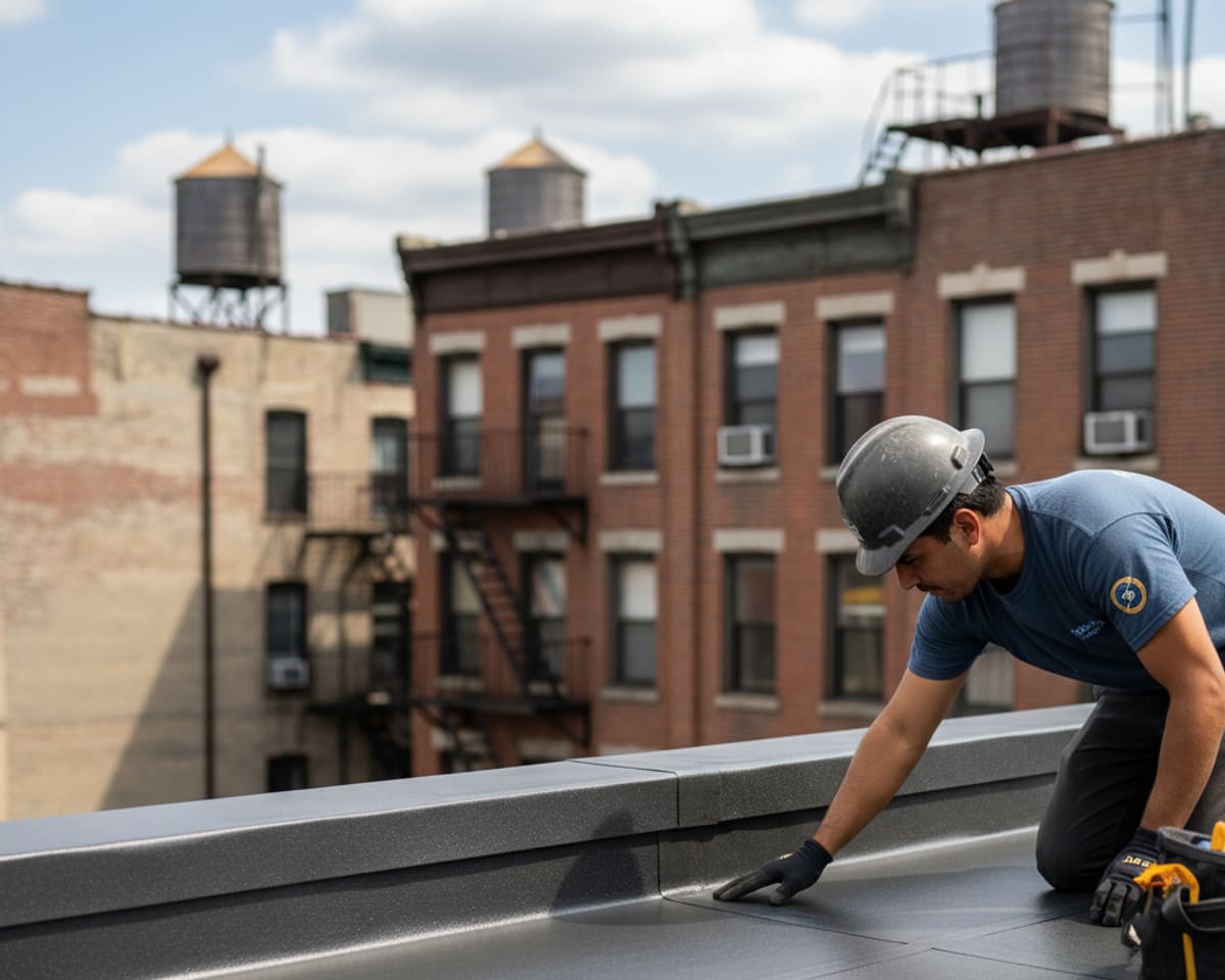 Close-up detail of a newly installed, smooth flat roof membrane showcasing quality craftsmanship.