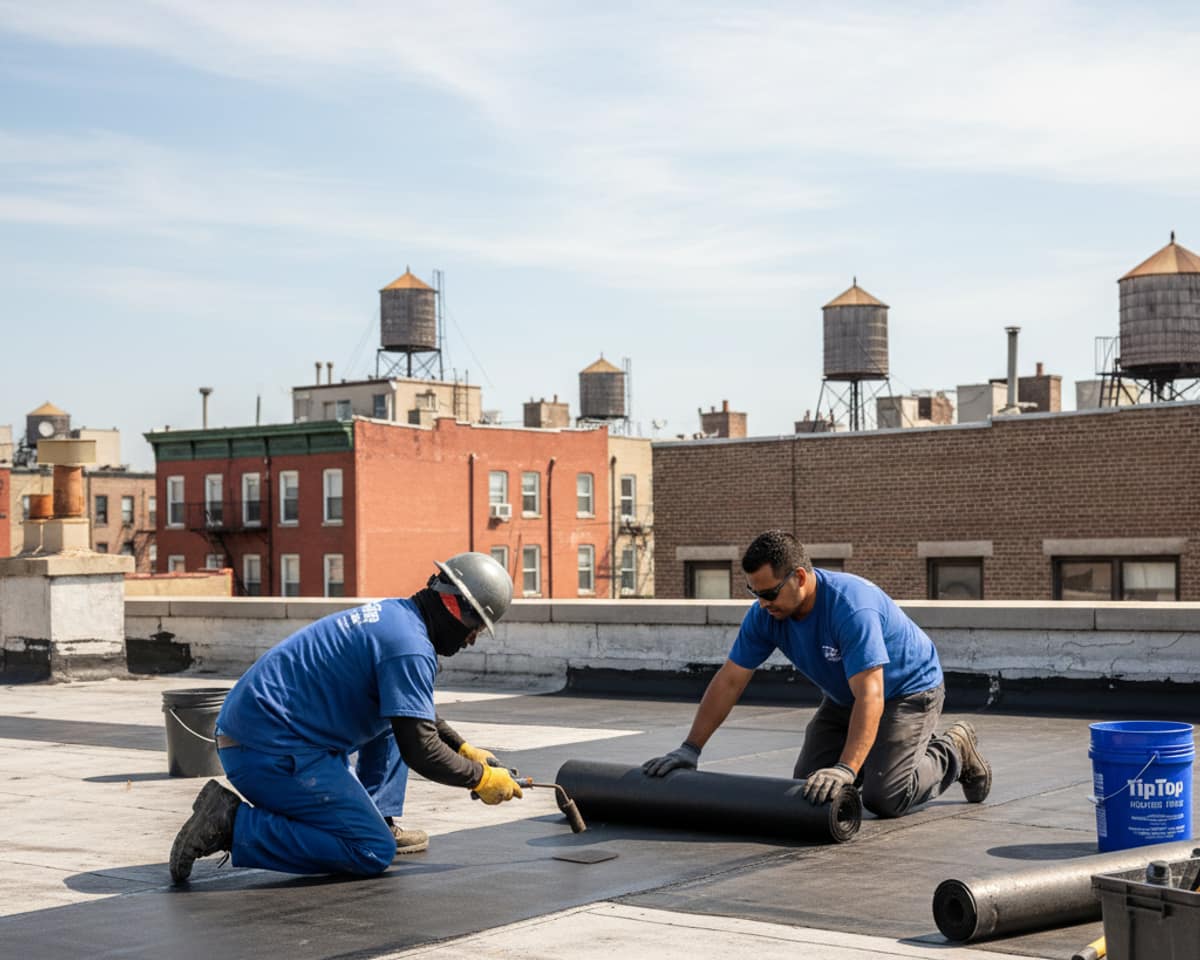 TipTop Roofing crew installing new flat roofing material on a Greenpoint residential building, showing...