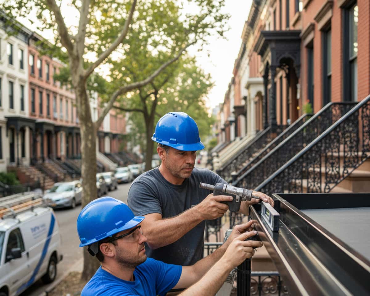 Close-up of a newly installed, sleek black smooth gutter system on a Brooklyn home, directing rainwater.