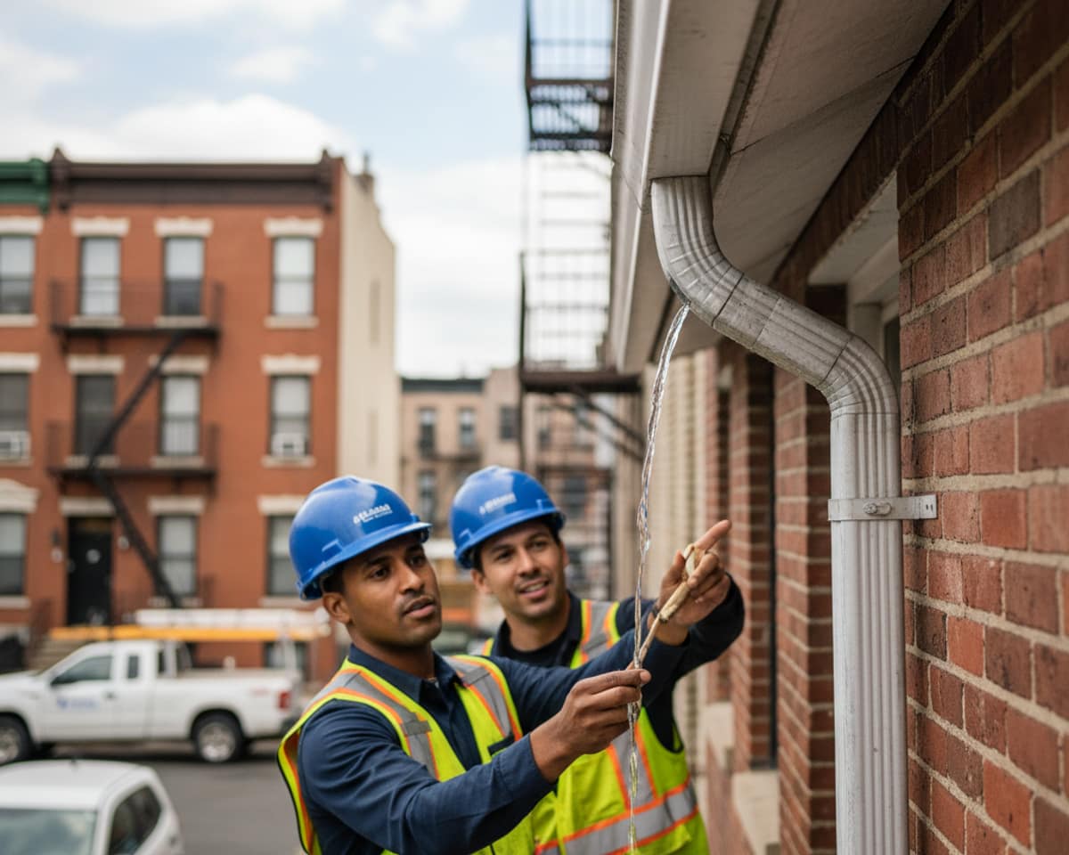 A close-up of a clean, well-maintained gutter system on a building in Bushwick, effectively channeling rainwater.