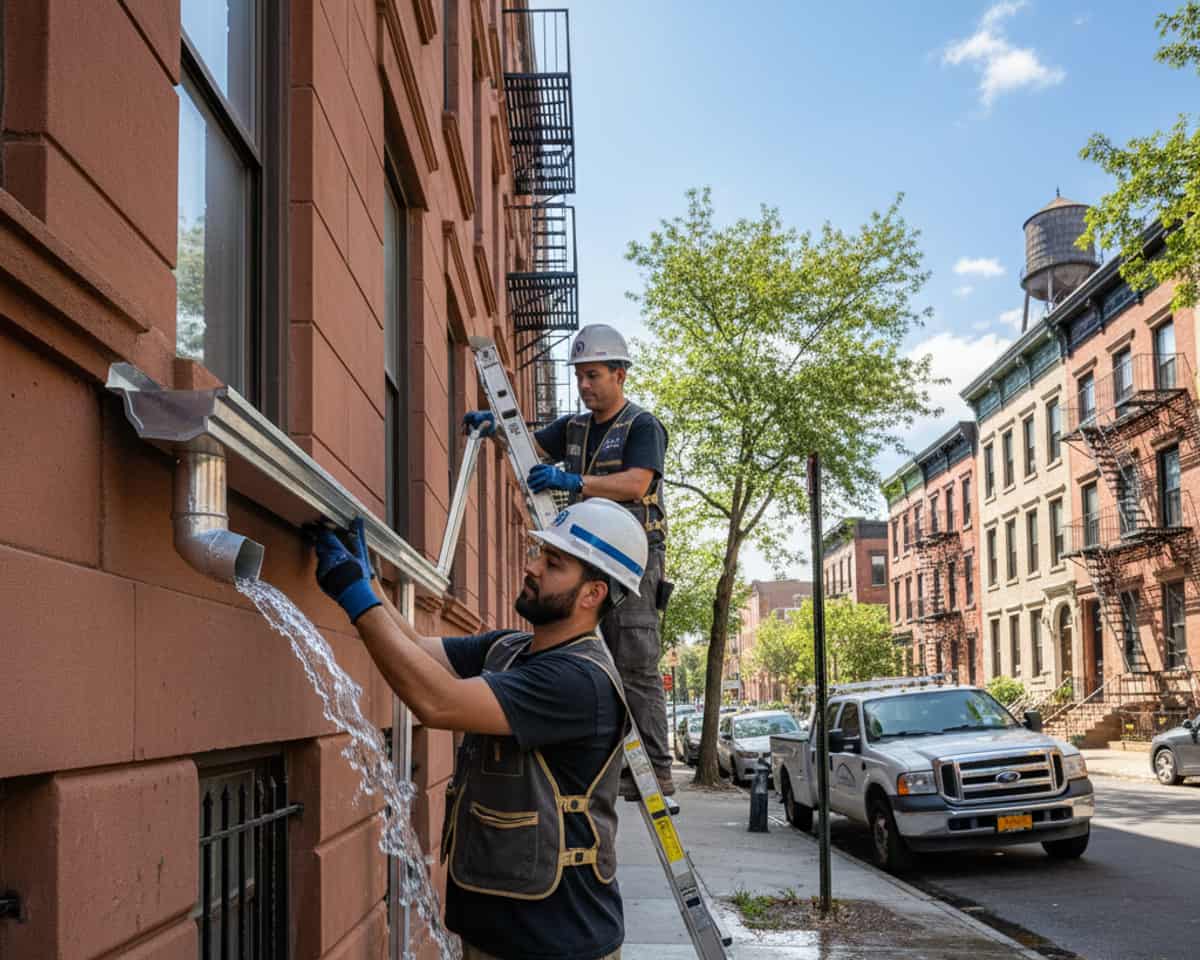 Newly installed, clean gutters efficiently draining water away from a well-maintained East Williamsburg brownstone.