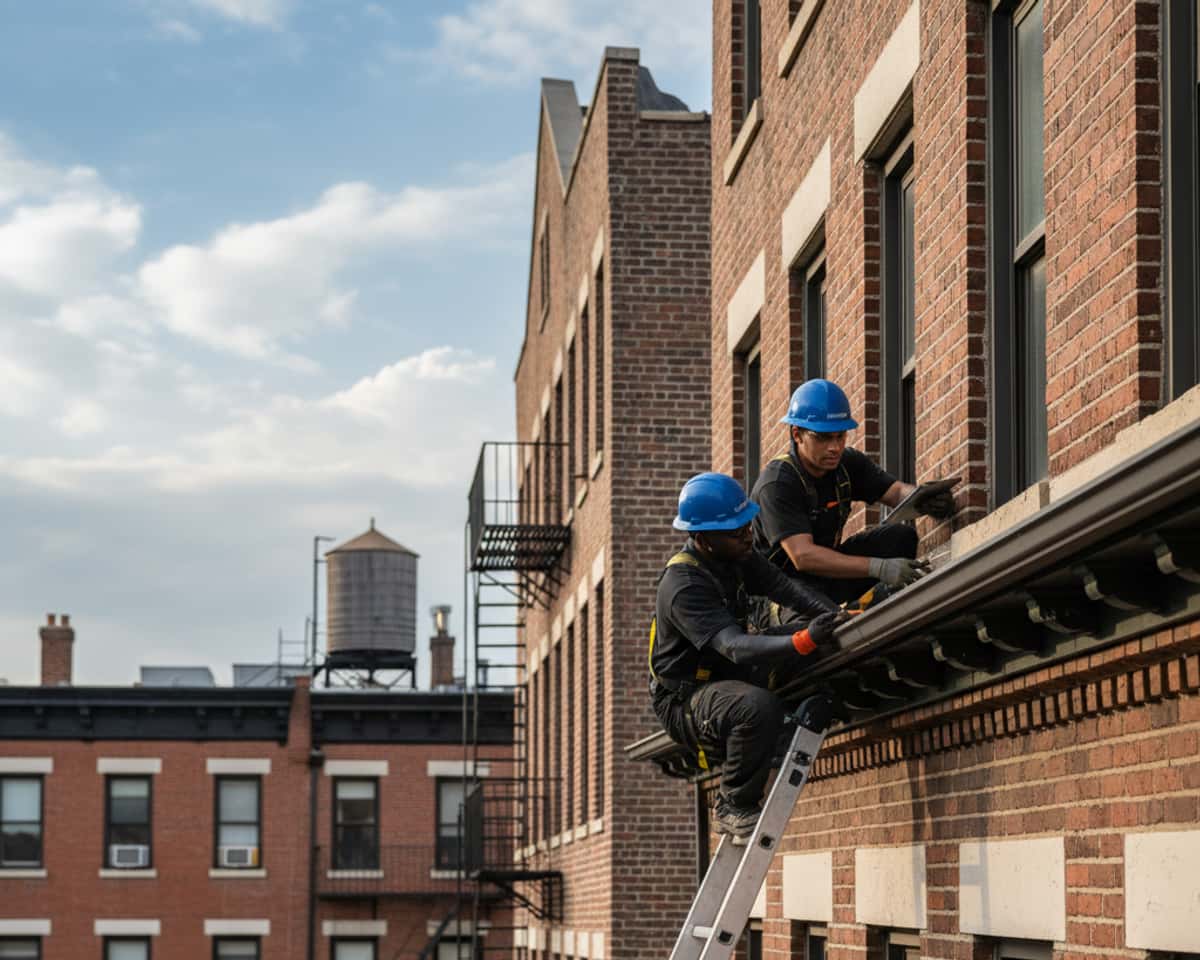 TipTop Roofing expert inspecting gutters on a multi-story building in Greenpoint, Brooklyn