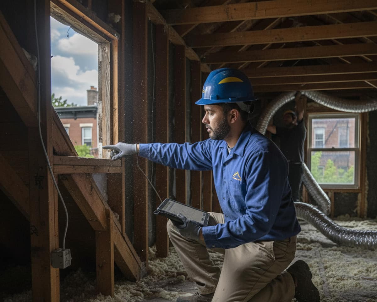 Technician inspecting an attic with existing insulation and ventilation in a Brooklyn brownstone
