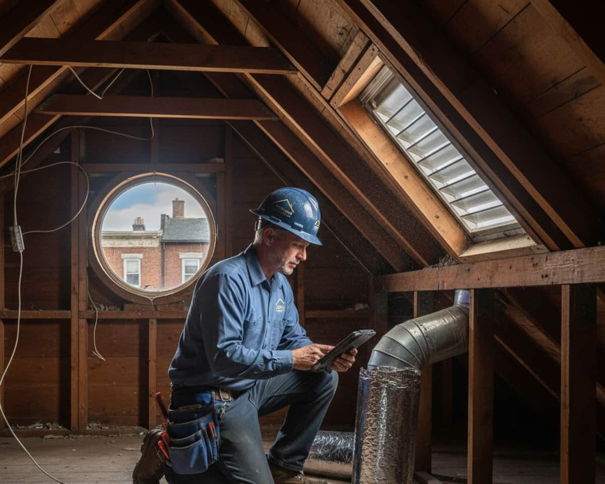 Roofing expert inspecting an attic for ventilation issues in a Brooklyn brownstone.