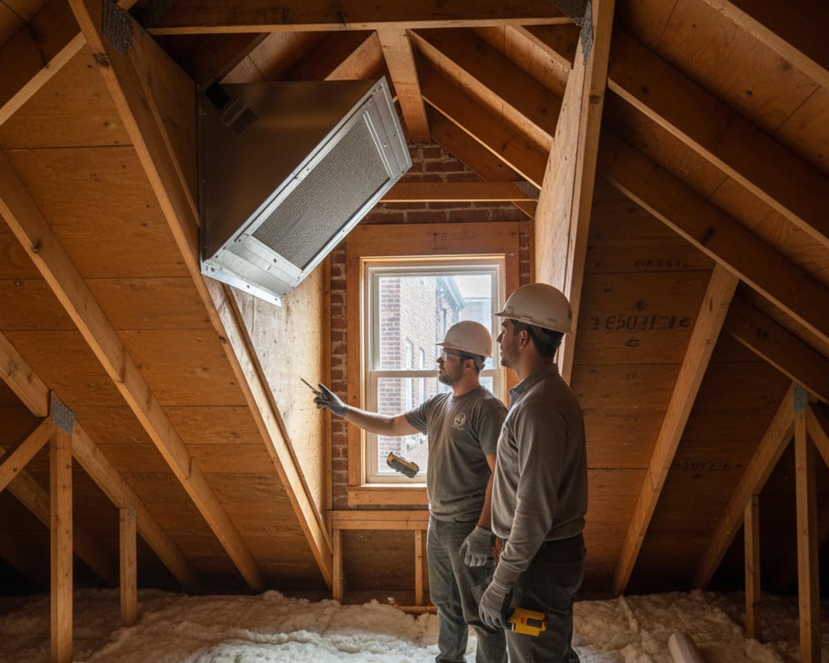 Close-up of a well-ventilated attic, showing insulation and efficient attic venting for home health in...