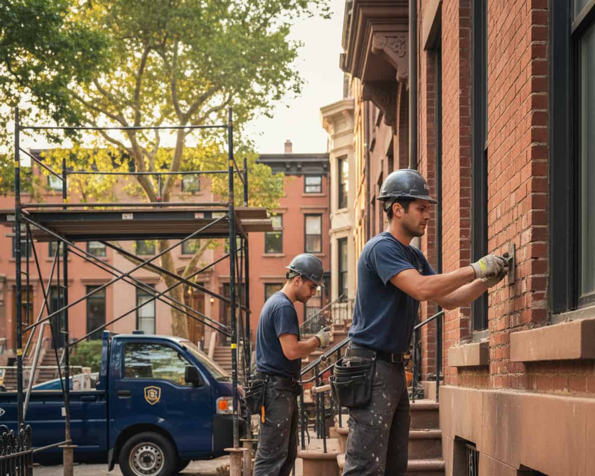 Skilled masonry contractor carefully repairing a brick wall on a historic building in Brooklyn.