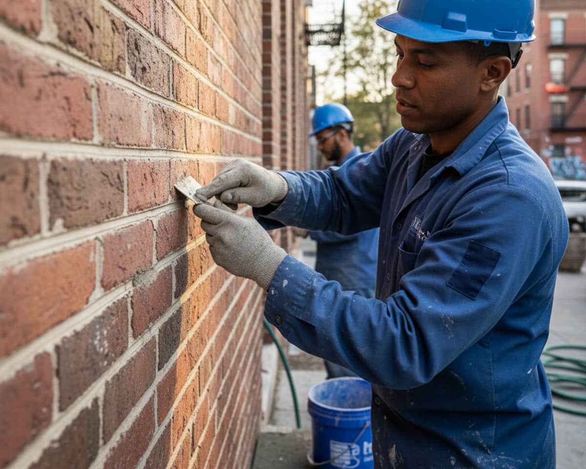 A close-up of a perfectly repointed brick wall, showing new mortar and clean lines in Bushwick.