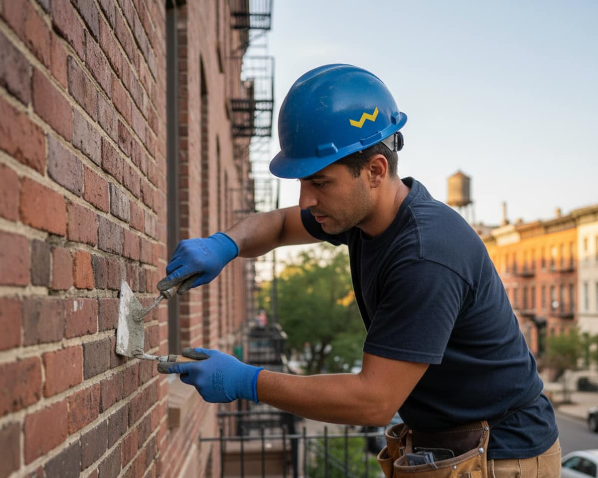A close-up of a skilled mason carefully applying mortar between historic bricks on a Greenpoint building facade.