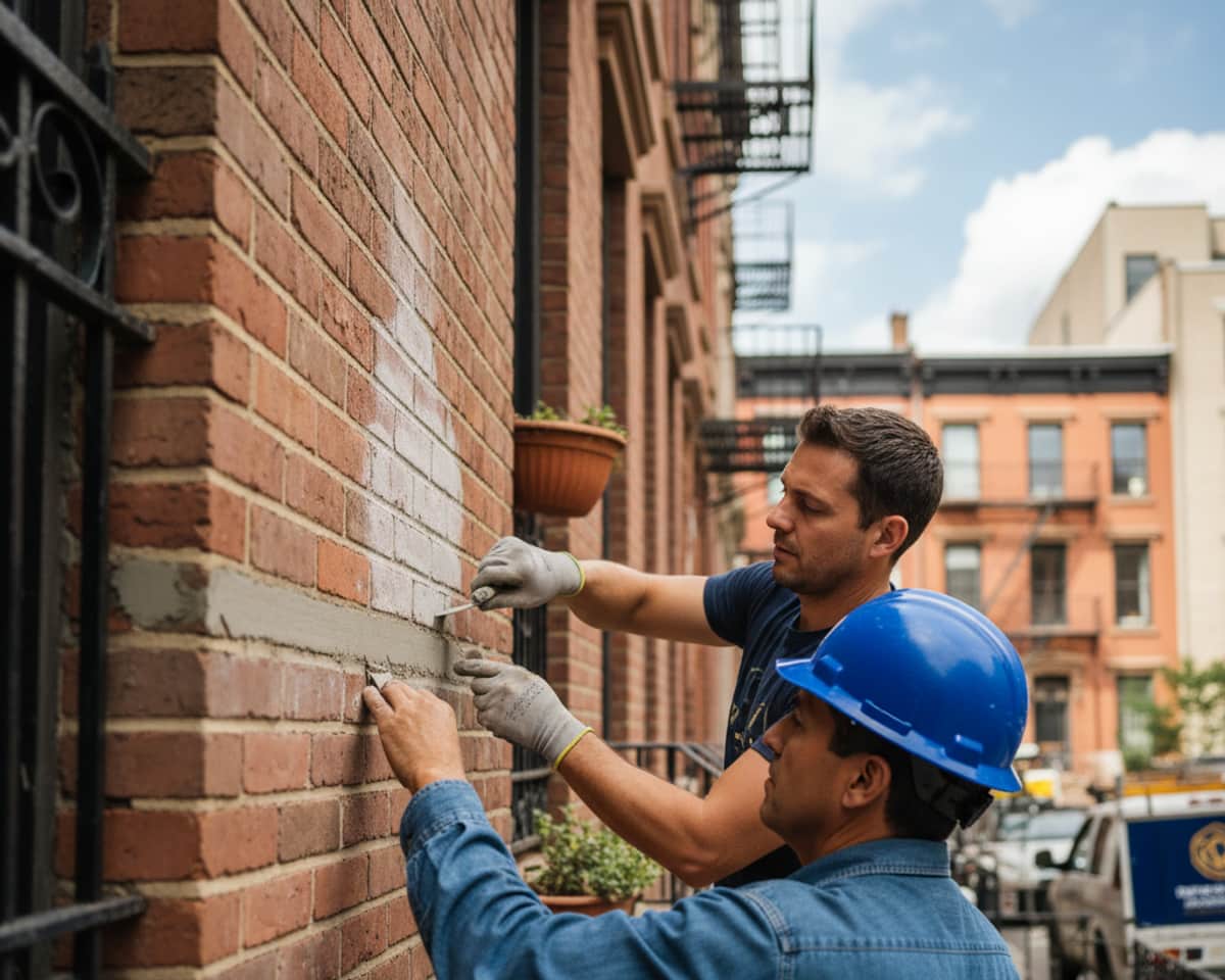 A close-up of newly repointed brickwork showcasing thorough mortar joints on a Brooklyn home.