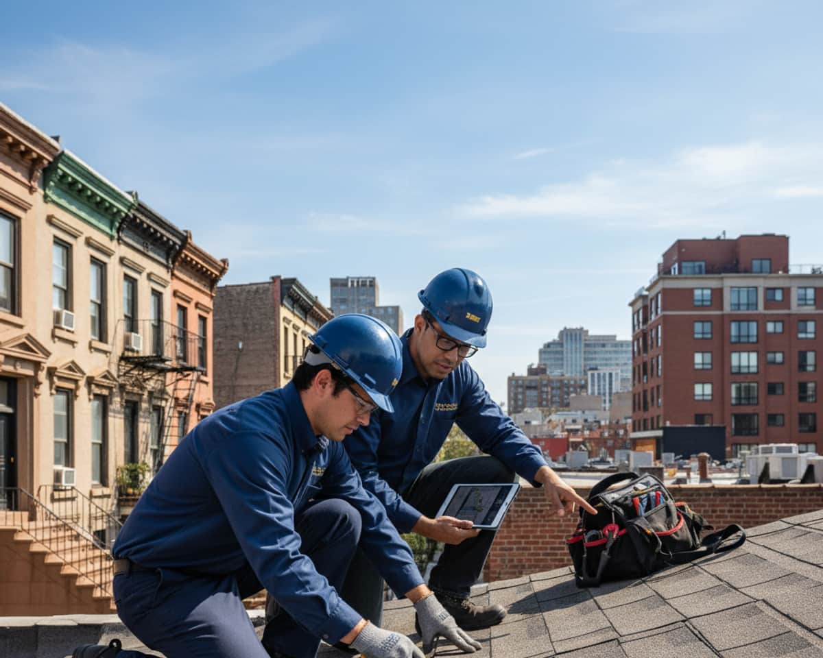 Roofer thoroughly examining shingles on a residential roof in Bedford-Stuyvesant.