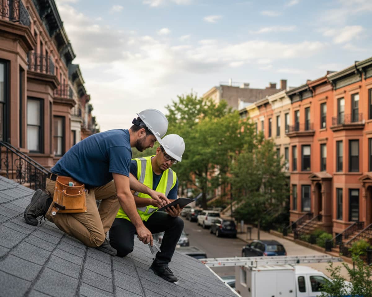 A TipTop Roofing expert examining shingles on a residential roof in a tree-lined Brooklyn neighborhood
