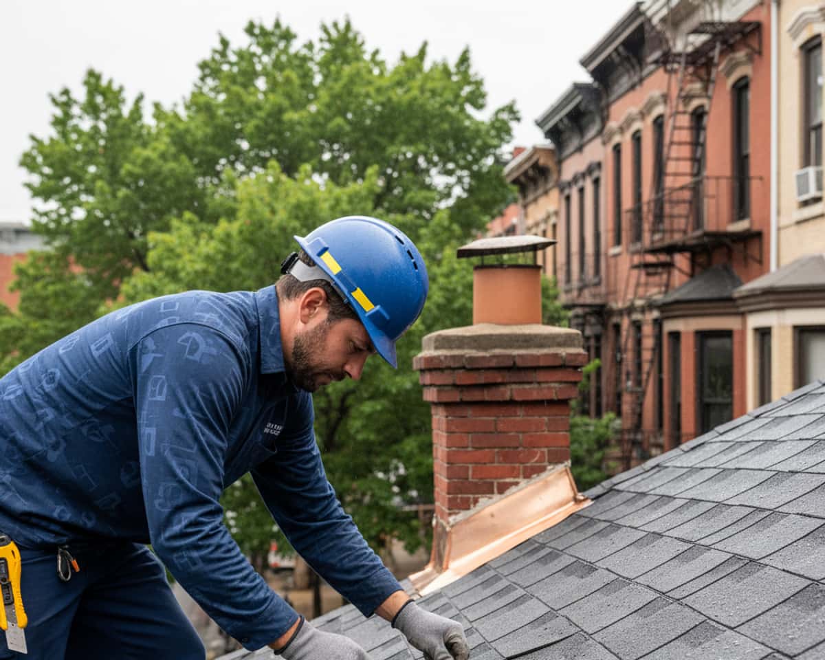 Close-up of a roofer inspecting shingles and flashing on an East Williamsburg home.