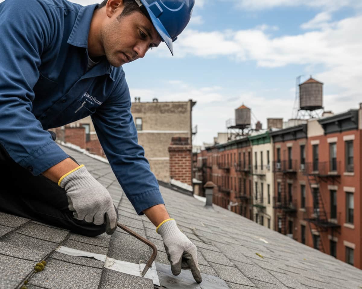 Close-up of a professional inspecting shingles and flashing on a Greenpoint residential roof.
