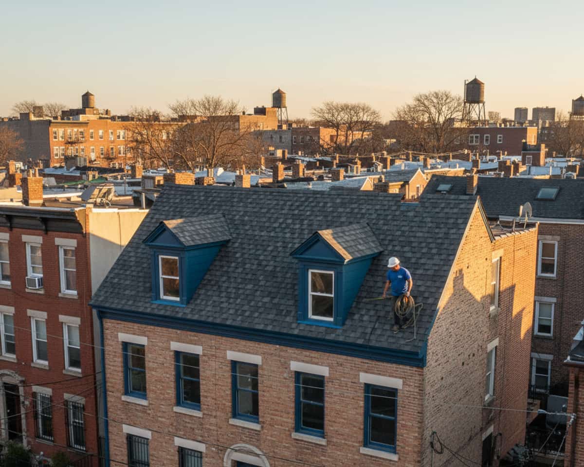 Completed shingle roof on a renovated brownstone in Bushwick, Brooklyn, demonstrating quality roof installation.