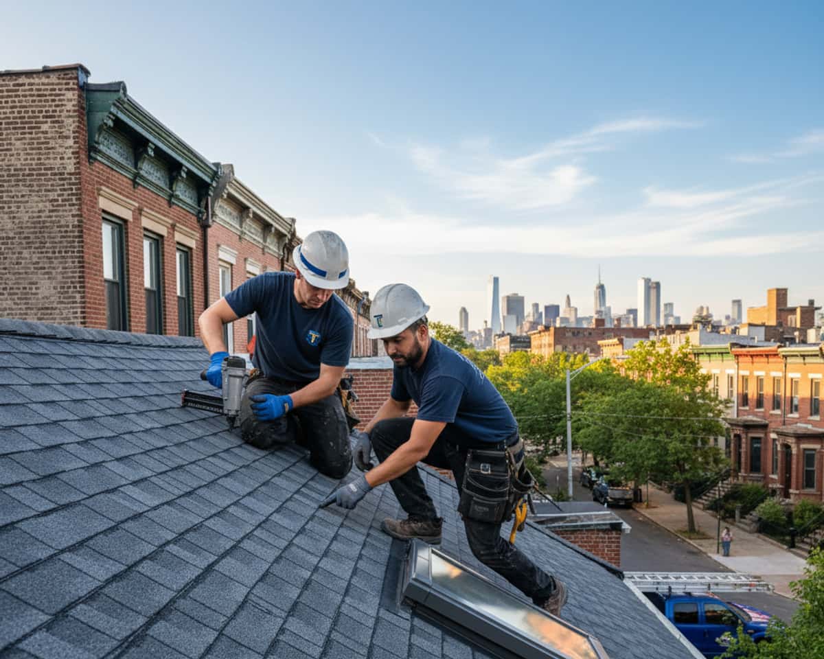 Newly installed shingle roof on a charming Greenpoint brownstone, showcasing quality workmanship.