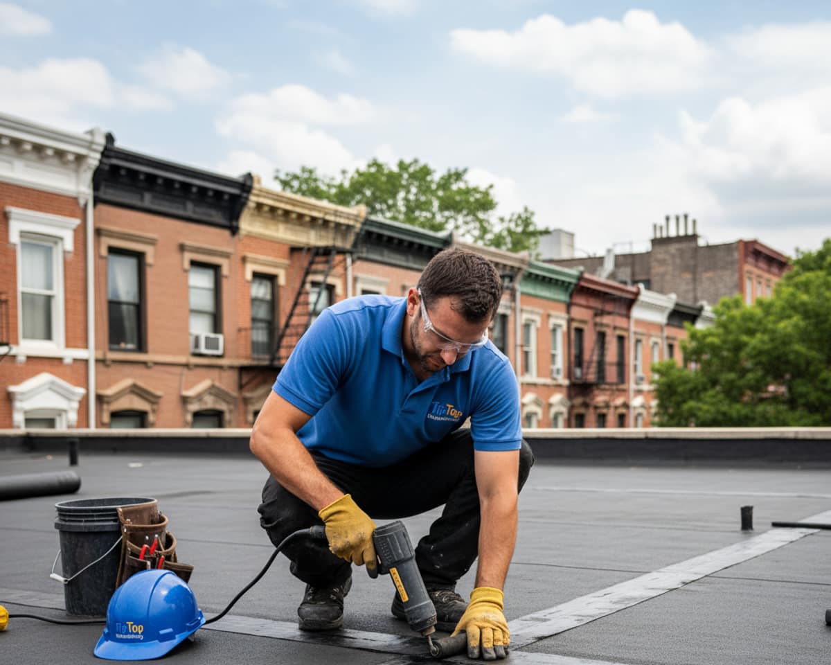 Roofer sealing a seam on a flat roof during a roof repair project in Bed-Stuy