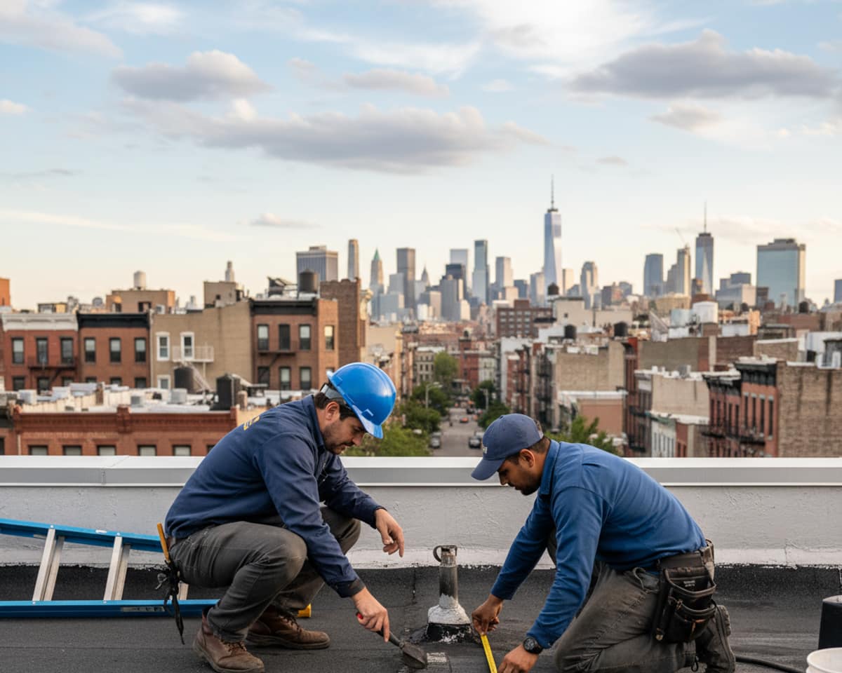 TipTop Roofing crew inspects a flat roof in a vibrant Brooklyn neighborhood, ensuring roofing integrity.