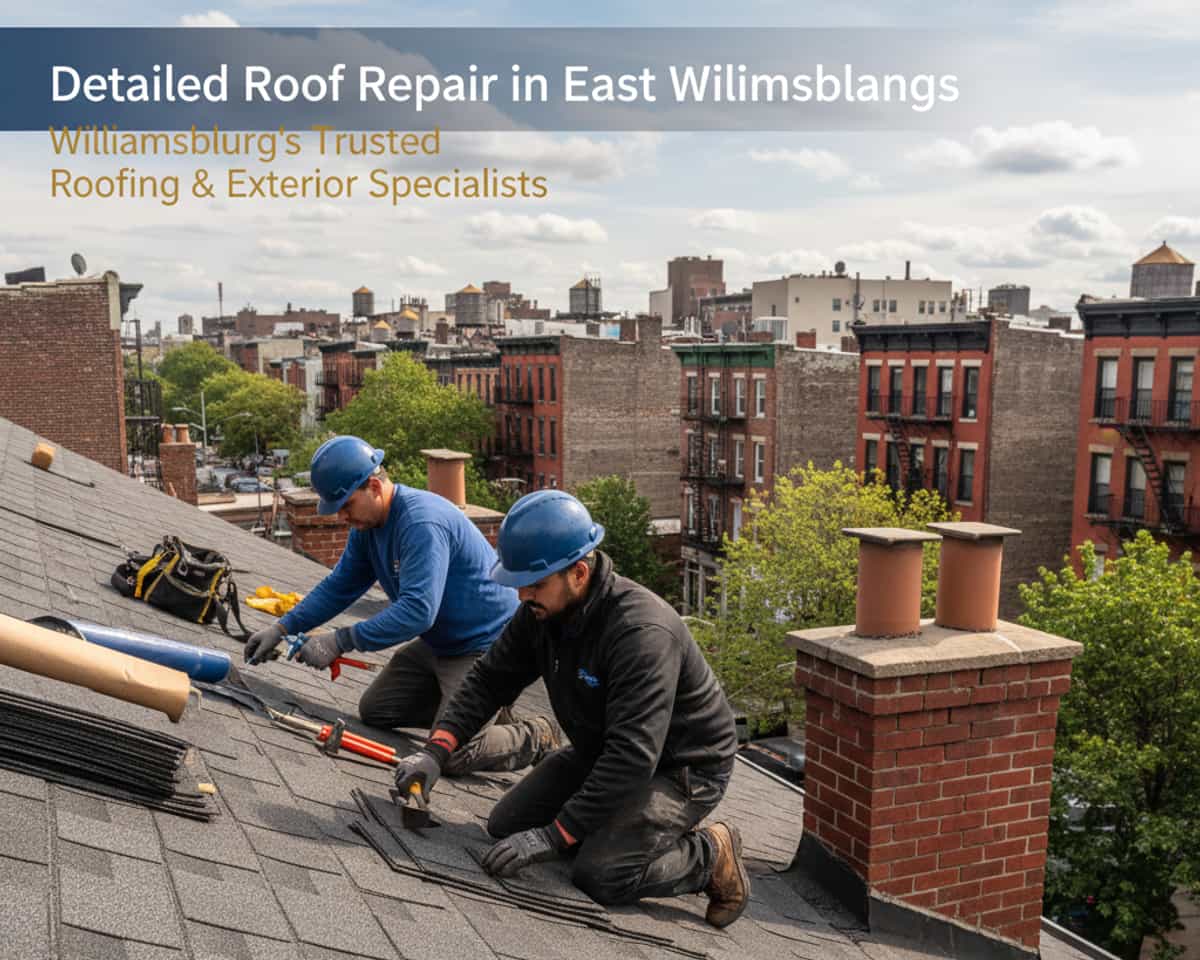 Roofers performing a detailed roof repair on a residential building in East Williamsburg, Brooklyn.