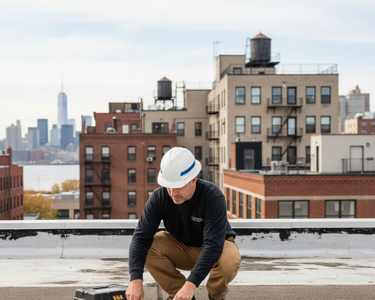 A roofer inspecting the flat roof of a commercial building in Greenpoint, Brooklyn