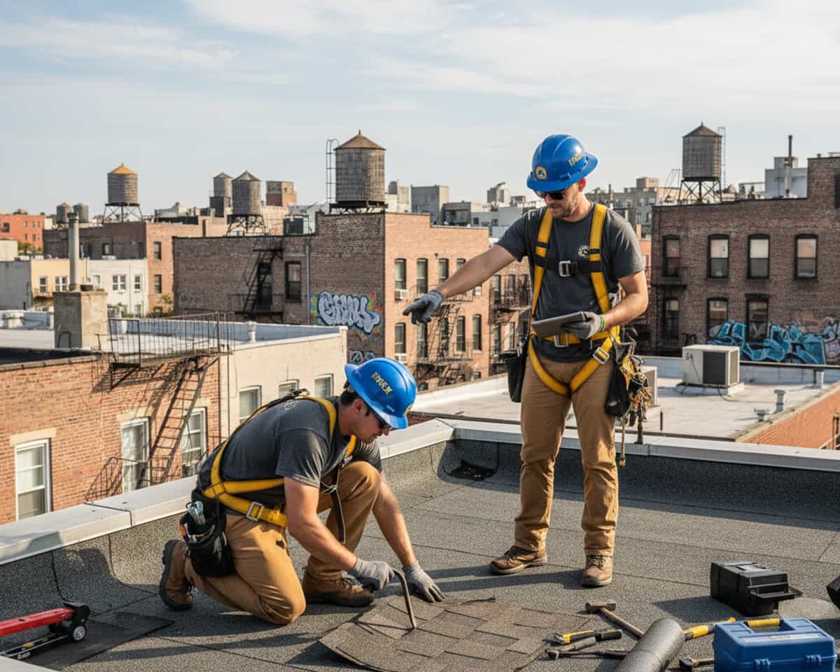 TipTop Roofing team members inspecting a roof with a view of Bushwick's urban landscape in the background.