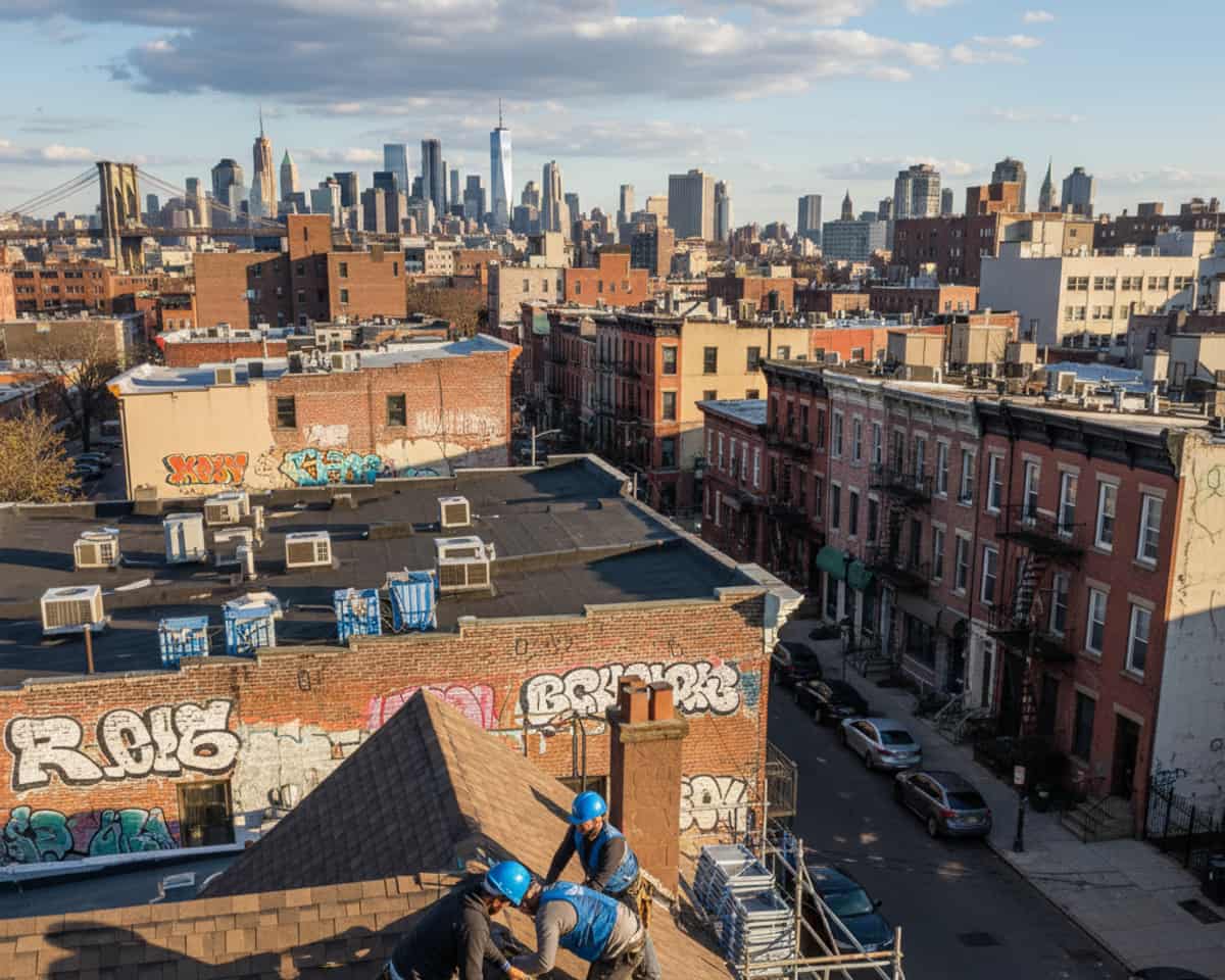 Aerial view of East Williamsburg, Brooklyn, showing diverse residential and commercial buildings and homes.