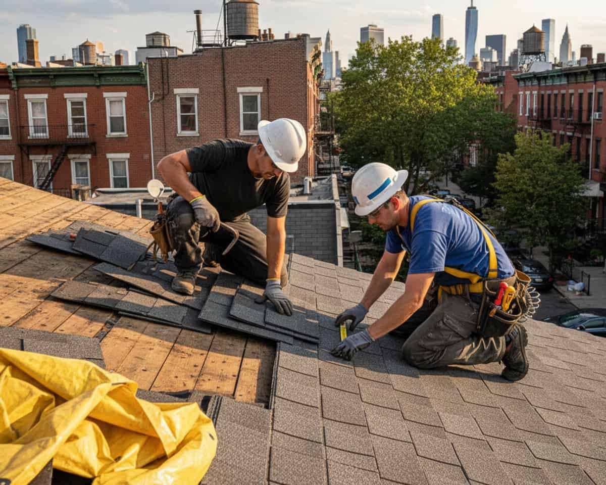 Skilled roofers performing a detailed roof replacement on a residential building in Greenpoint, Brooklyn.