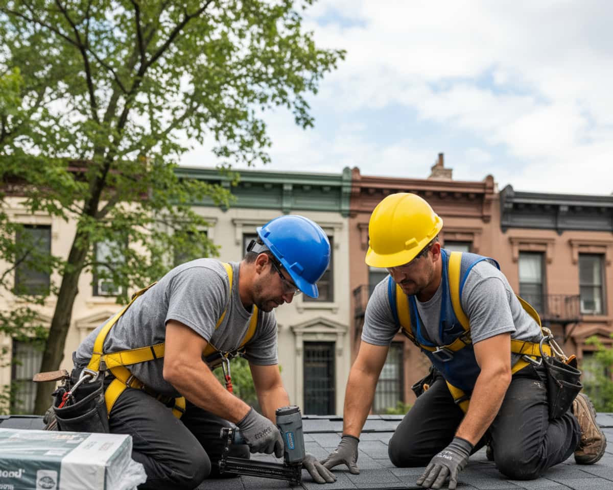 TipTop Roofing crew thoroughly installing shingles on a residential roof in a Brooklyn neighborhood.