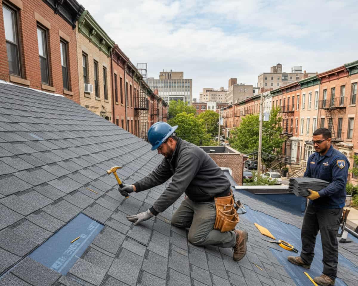 Roofer installing asphalt shingles on a residential roof in Bushwick, ensuring precise placement.