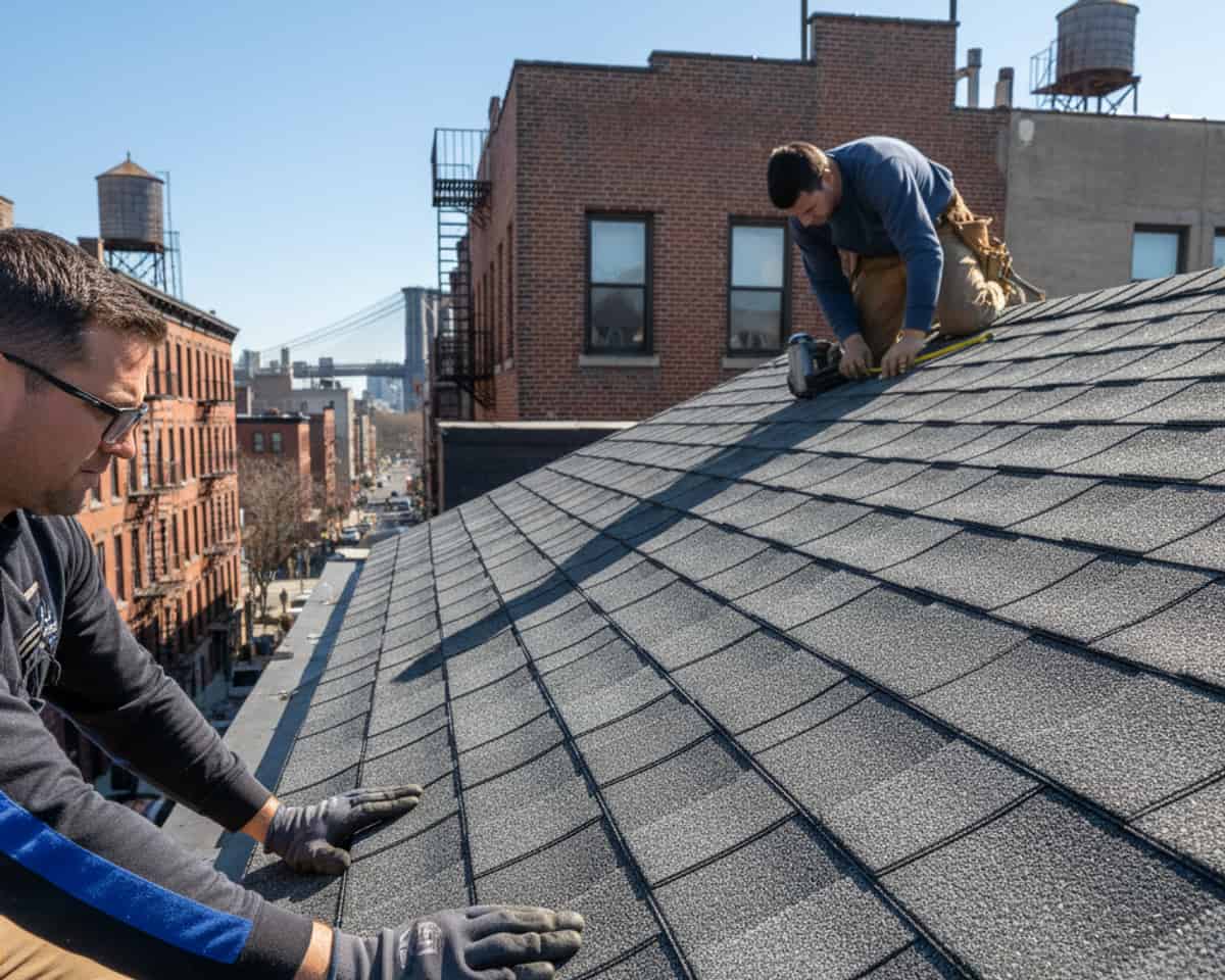 Close-up of newly installed architectural shingles on a roof in East Williamsburg, showing quality and texture.