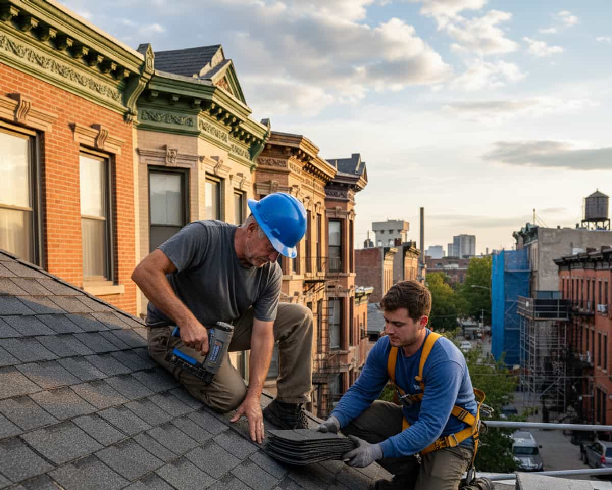 A roofer installing new asphalt shingles on a Greenpoint home, ensuring precise alignment and secure fastening.