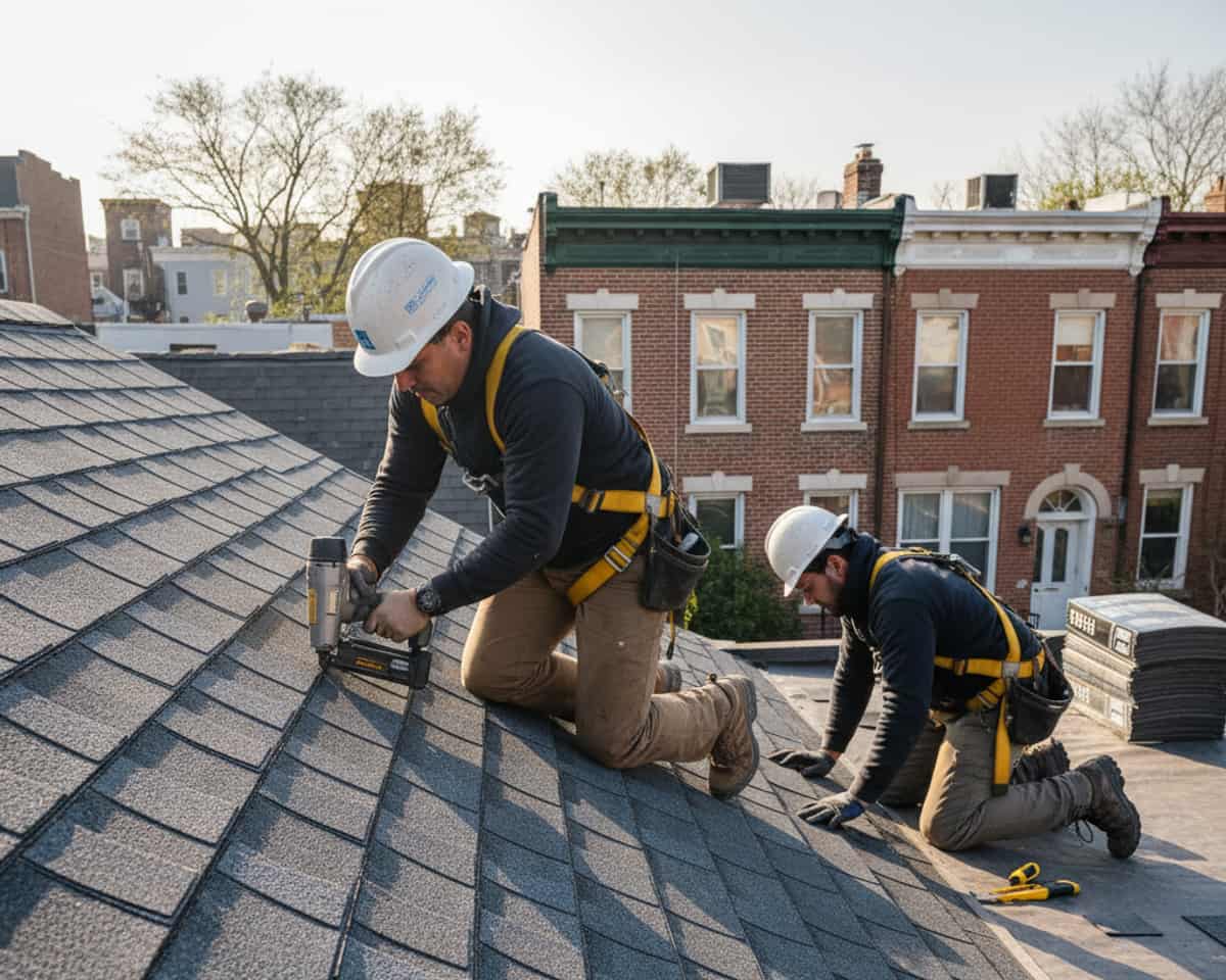 Close-up of new asphalt shingles installed on a residential roof in Williamsburg, showing durable roofing materials