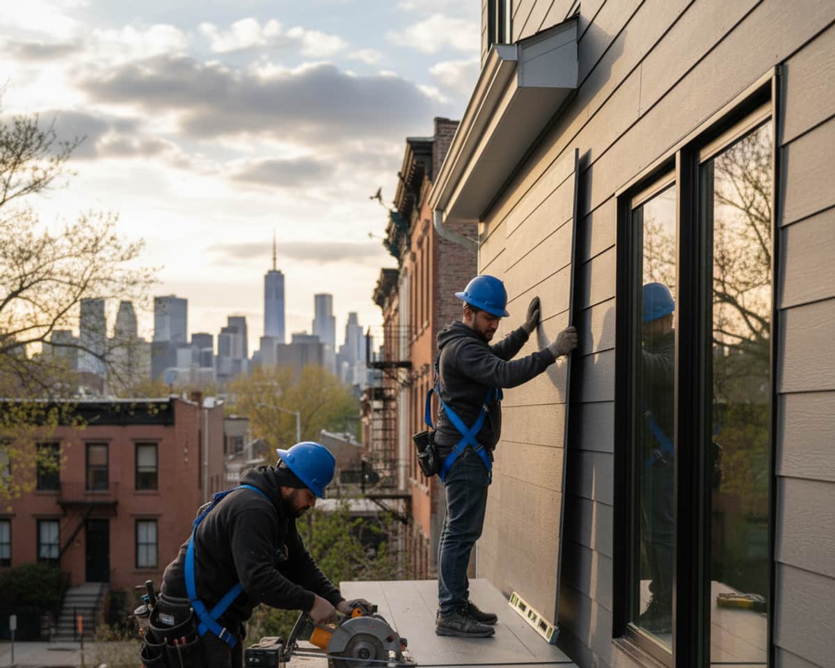 Modern home in East Williamsburg with newly installed grey siding and clean lines