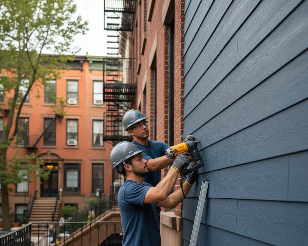 Close-up of durable vinyl siding on a Greenpoint home, showcasing texture and color.