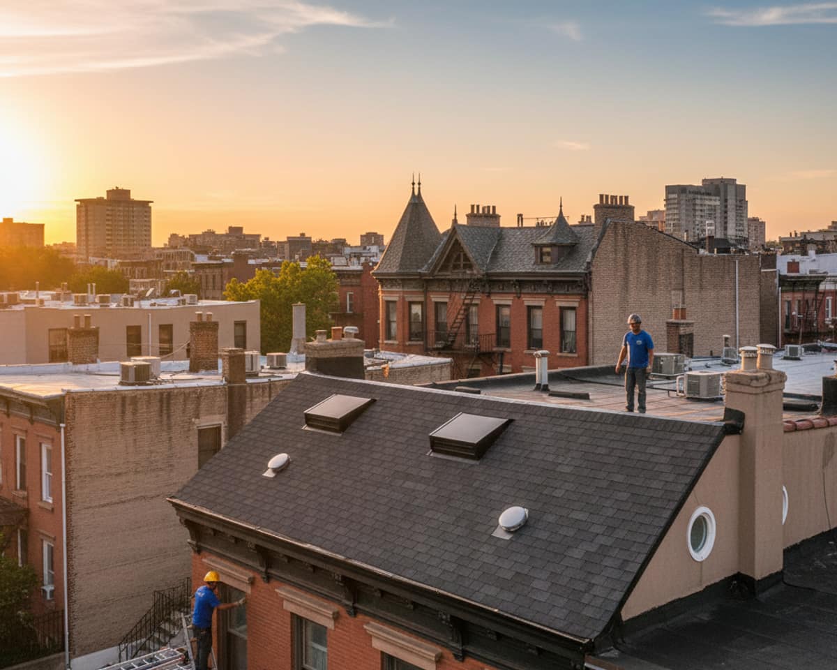 A newly installed attic venting system on a residential roof in Bedford-Stuyvesant, ensuring proper airflow.