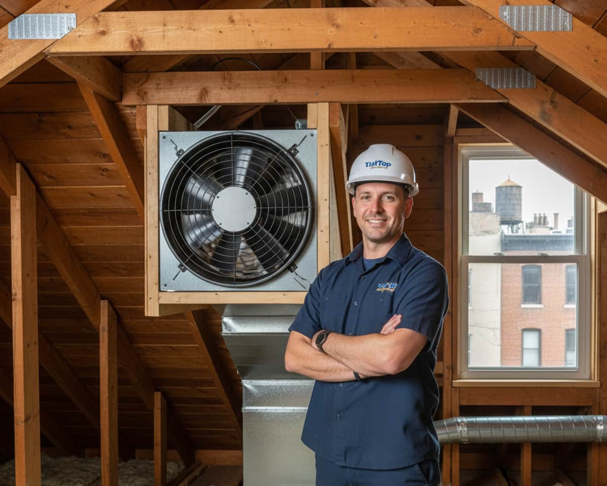 TipTop Roofing crew member inspects an attic, showing professional attention to detail for ventilation service.