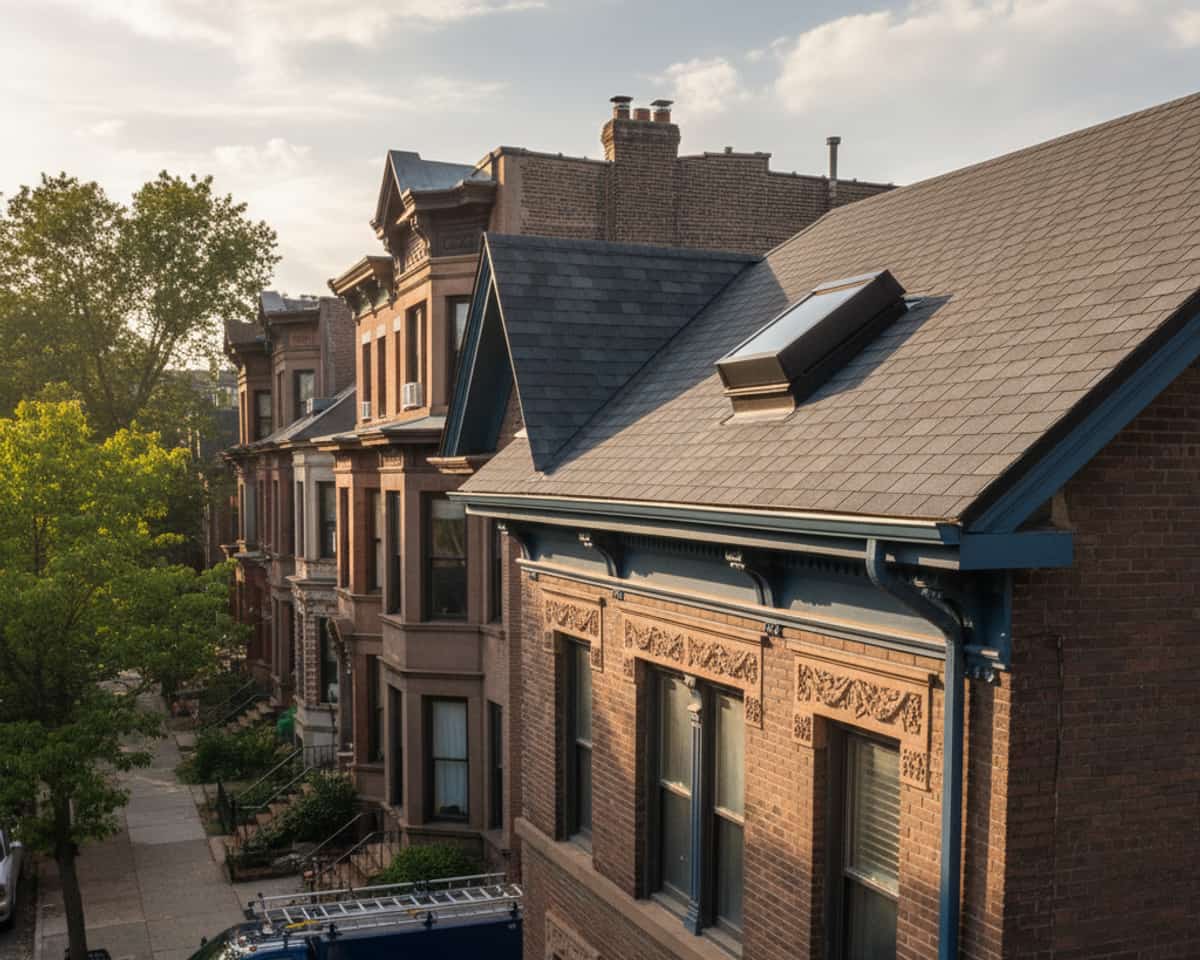 TipTop Roofing crew member expertly installing a roof ventilation system on a residential property in Bushwick.
