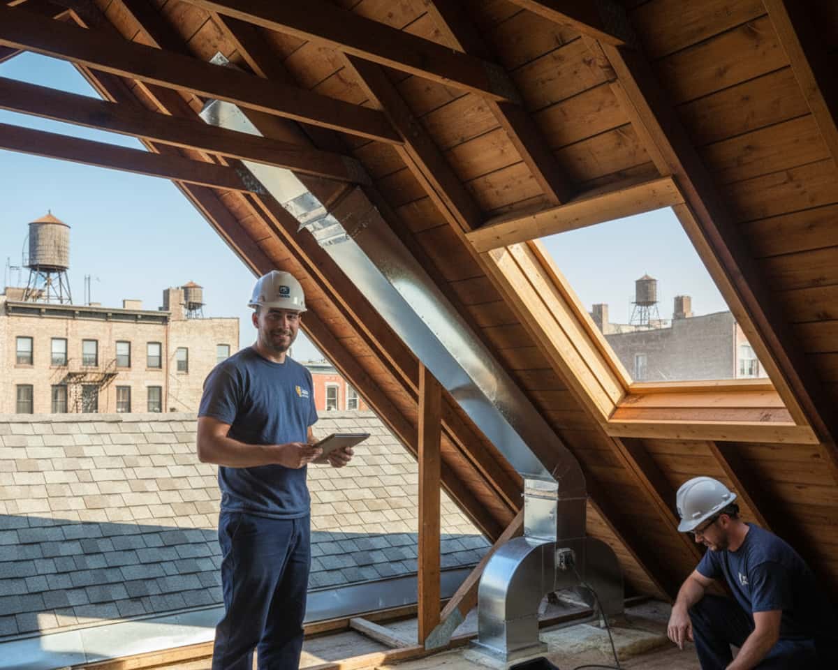 TipTop Roofing crew inspecting an attic space for ventilation needs in a Greenpoint residence.