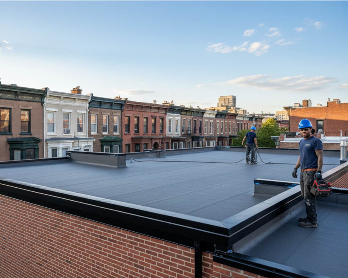 Completed flat roof with clean, new membrane surface