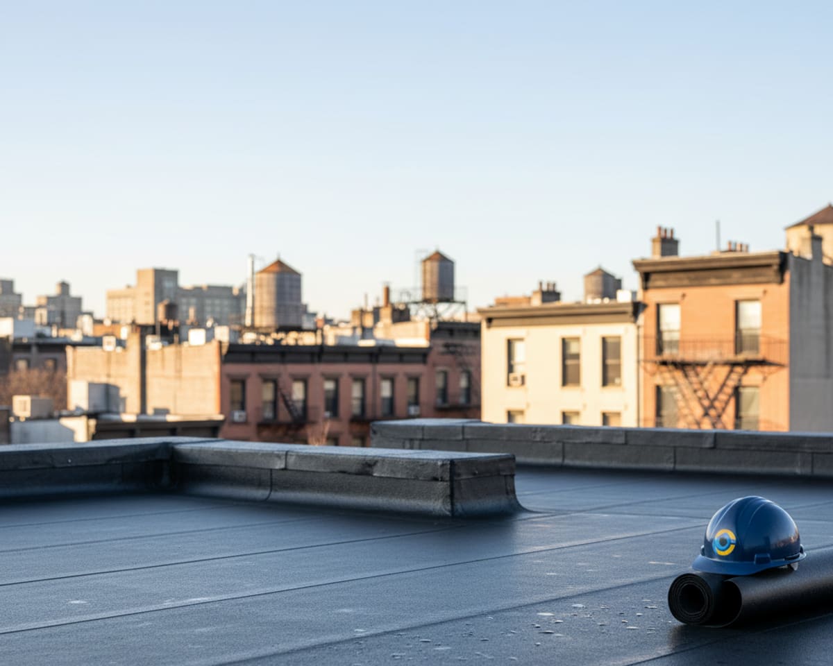 Close-up of durable flat roofing material installed by TipTop Roofing in Brooklyn
