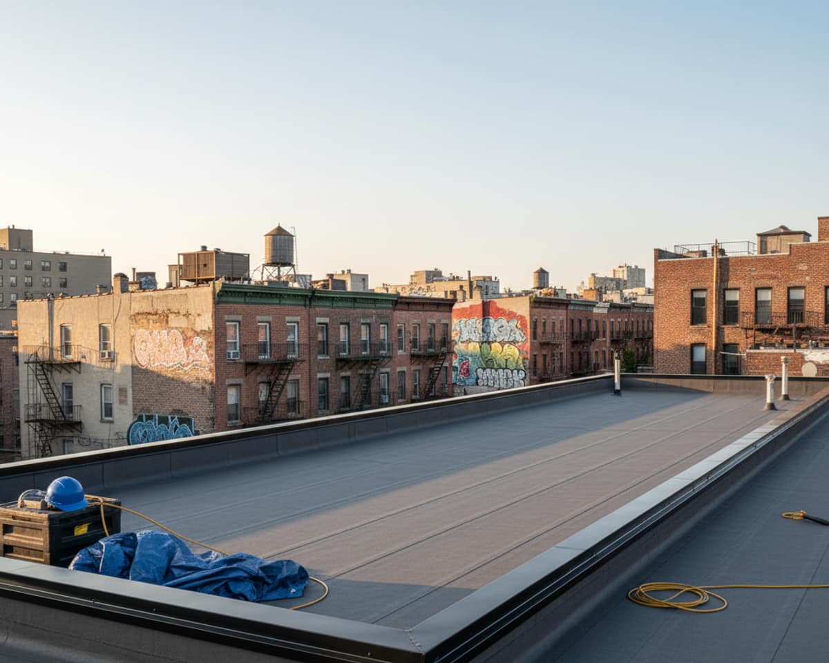 TipTop Roofing team members performing a detailed inspection on a commercial flat roof project in Bushwick.