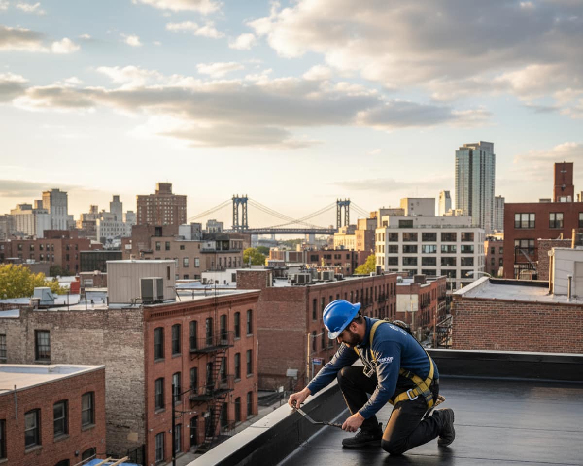 Licensed TipTop Roofing technician inspecting a finished flat roof in Greenpoint, ensuring quality standards.