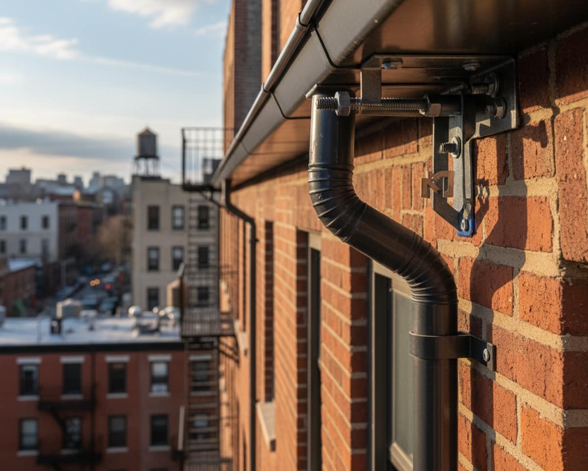 Close-up of a secure, well-fastened gutter bracket on an East Williamsburg building, showing attention to detail.
